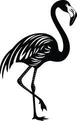 Black and white bold vector of a flamingo, isolated on white background.