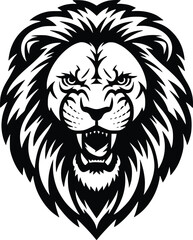 Black and white bold vector of a roaring lion head, isolated on white background.