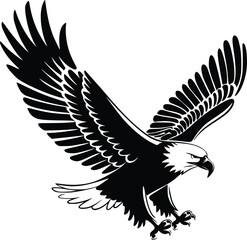 Black and white bold vector of a flying eagle, isolated on white background.