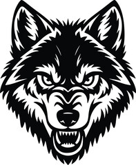 Black and white bold vector of a fierce wolf, isolated on white background.