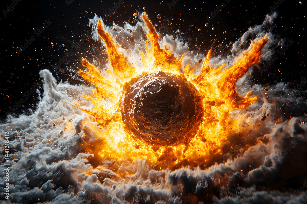 Poster a cosmic explosion erupts showcasing a fiery core surrounded by turbulent clouds and debris. use thi