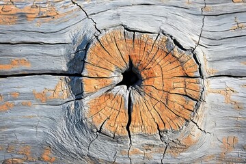 Close-up view of a weathered wooden knot.