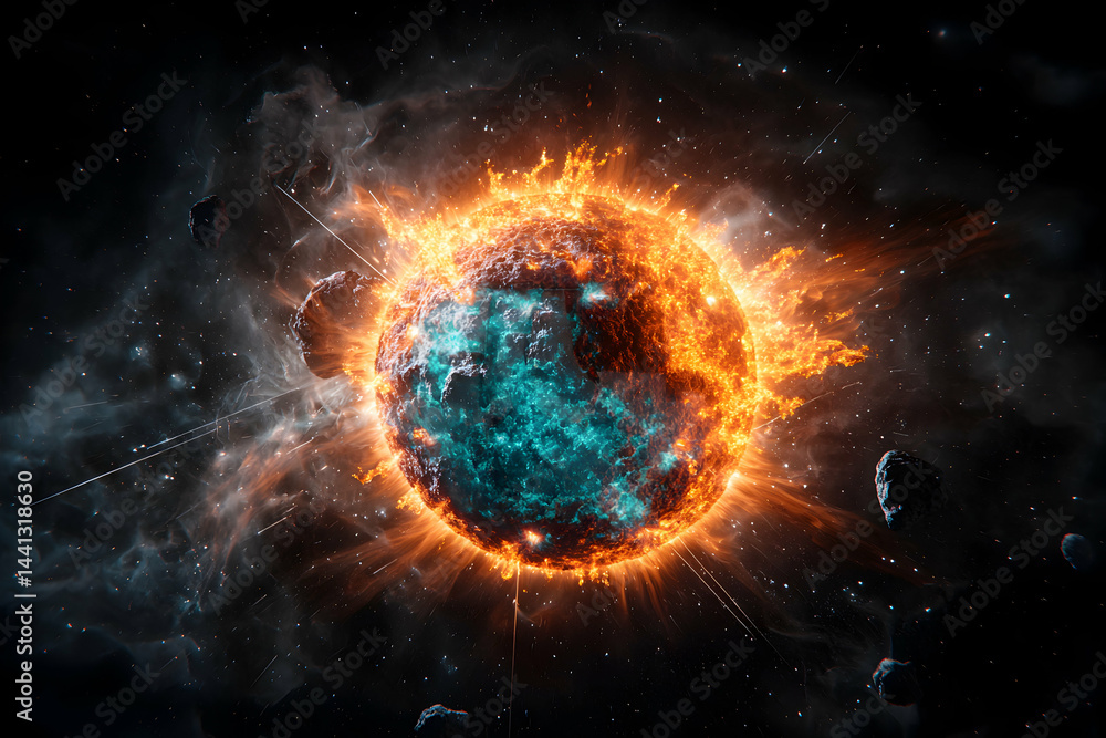 Poster an awe-inspiring cosmic scene of a fiery celestial body exploding in space. perfect for sci-fi art o