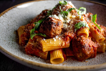 Rigatoni pasta generously coated with thick rich tomato sauce topped with flavorful meatballs in Italian cuisine