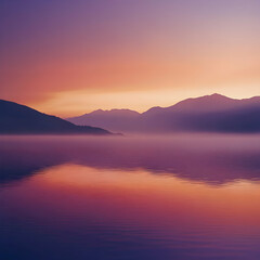 Peaceful sunrise over a tranquil lake and mountains.