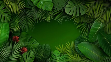Tropical Foliage Frame With Golden Accents On Dark Green Background