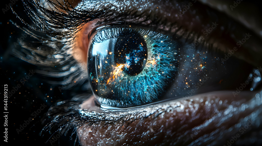 Poster a mesmerizing eye gazing into the cosmos. perfect for art prints or visual storytelling projects exp