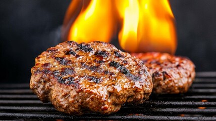 Two Juicy Burgers Grilling on a Hot Barbecue Grill