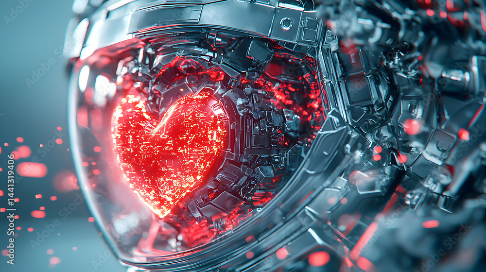 Poster a futuristic heart glows inside a metal enclosure. the image suggests technological advancements and