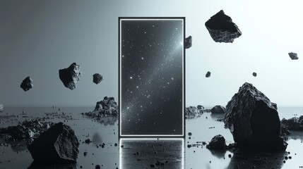 A futuristic portal surrounded by floating rocks in a cosmic setting.