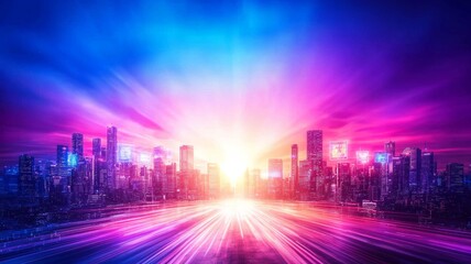 Urban Skyline Night Scene With Glowing Trails