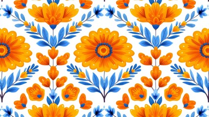 Vibrant Orange And Blue Floral Pattern Seamless Texture Background