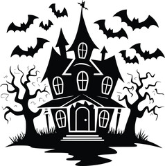 Black and white bold vector of a haunted house, isolated on white background.