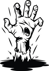 Black and white bold vector of a zombie hand rising, isolated on white background.