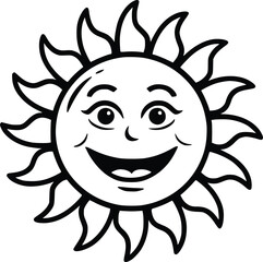 Black and white bold vector of a smiling sun, isolated on white background.