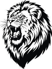 Black and white bold vector of a roaring lion, isolated on white background.