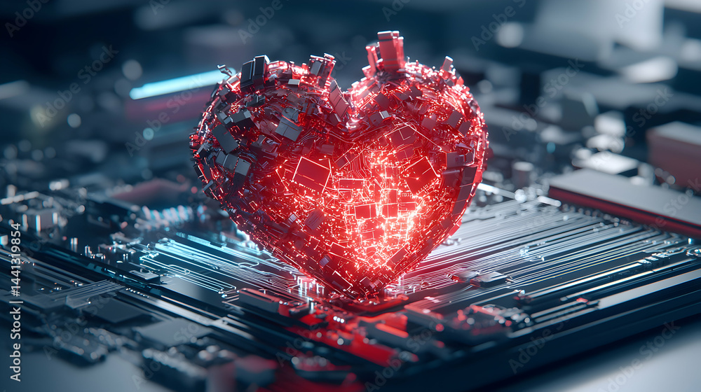 Poster a glowing red heart comprised of circuit board components rests on a motherboard. ideal for tech or 