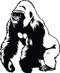 Black and white bold vector of a sitting gorilla, isolated on white background.