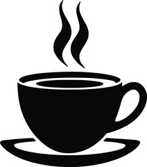 Black and white bold vector of a steaming coffee cup, isolated on white background.