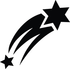 Black and white bold vector of a shooting star, isolated on white background.