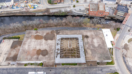 Pawtucket RI, USA - April 5, 2025:  Aerial view of remaining visible structure steel left after...