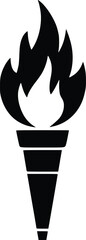 Black and white bold vector of a flaming torch, isolated on white background.