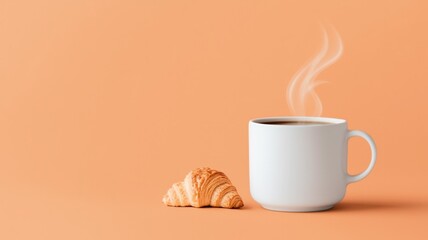 White Coffee Cup And Golden Croissant On Orange Background