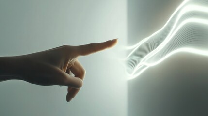 A hand reaching out towards a glowing, flowing light representation.