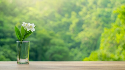White Flowers In Glass Vase On Wooden Table With Green Background