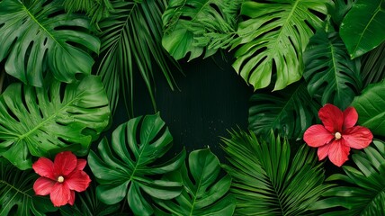 Vibrant Tropical Leaves And Red Flowers On Dark Background