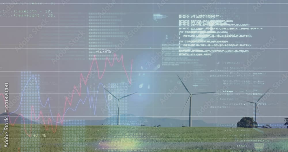 Poster wind turbines spinning across rural plain, displaying red and blue line charts with code snippets