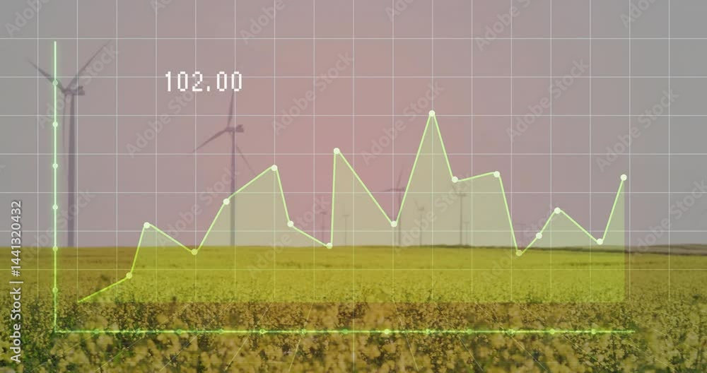 Poster wind turbines rising above flowering field, showing neon-green grid overlay with glowing data graph