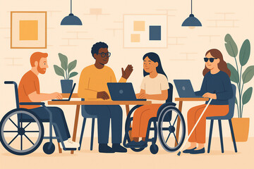 Inclusive group of diverse people with disabilities working together at coworking space with laptops illustration
