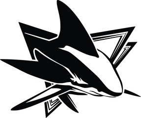 Black and white bold vector of a shark fin, isolated on white background.