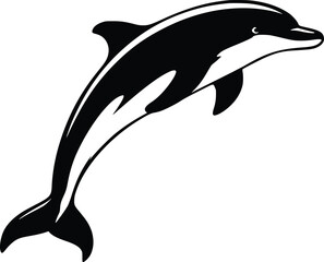 Black and white bold vector of a leaping dolphin, isolated on white background.