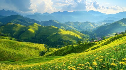 Obraz premium Lush Green Hills and Vibrant Sky Over Rural Landscape for Sustainable Farming and Climate-Resilient Agriculture Practices