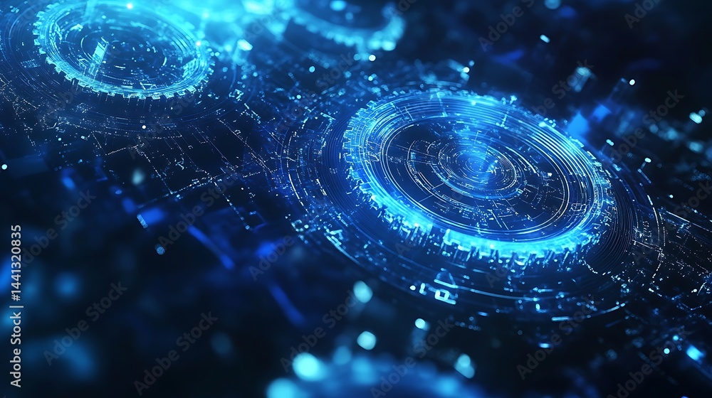 Poster futuristic digital tunnel with glowing blue lights and data patterns