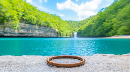 Wooden Ring On Stone Near Turquoise Water And Lush Waterfall