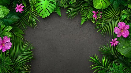 Vibrant Pink Hibiscus Flowers And Lush Green Tropical Leaves Frame A Dark Gray Background