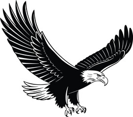 Black and white bold vector of a bald eagle soaring, isolated on white background.