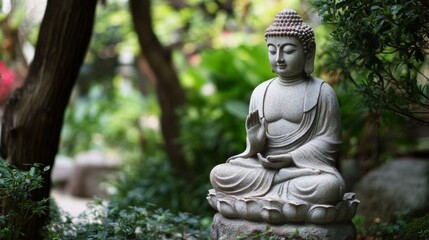 Close up of a Buddha statue in a serene garden setting.