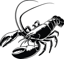 Black and white bold vector of a lobster underwater, isolated on white background.