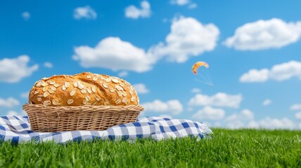 A Loaf of Bread in a Basket on a Picnic Blanket