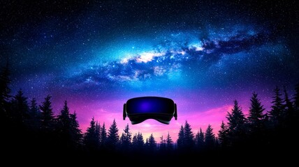 Virtual Reality Headset Over Silhouetted Forest Under a Starry Night Sky