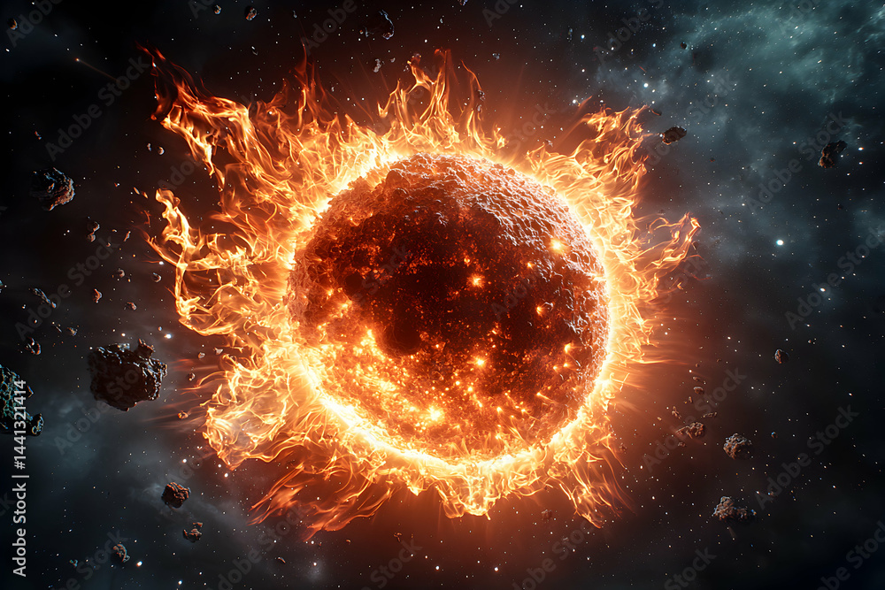 Poster a celestial illustration showcasing a fiery sun engulfed in flames. use it as a visual element for s