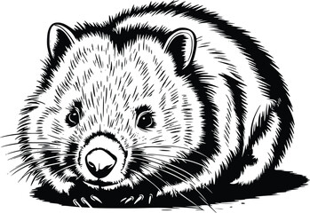 Black and white bold vector of a wombat resting, isolated on white background.