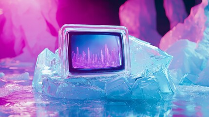 A retro television set encased in ice amidst colorful, vibrant lights and reflections.