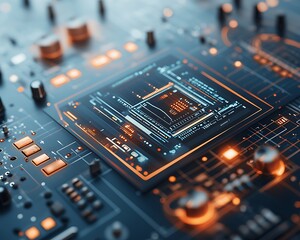 Obraz premium Advanced circuit board with glowing chip. Detailed close-up view