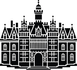 Fototapeta premium Black and white bold vector of a historic castle, isolated on white background.