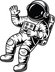 Black and white bold vector of a astronaut floating, isolated on white background.